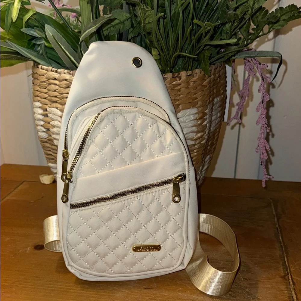 Cream Quilted‎ crossbody Backpack with Diamond Pattern and Gold Accents